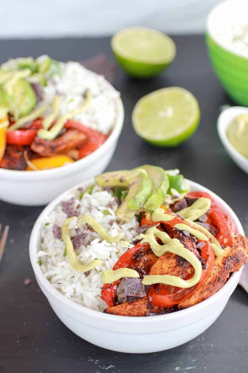 Fiesta Chicken + Cilantro Lime Rice Fajita Bowl with Avocado Chipotle Crema
