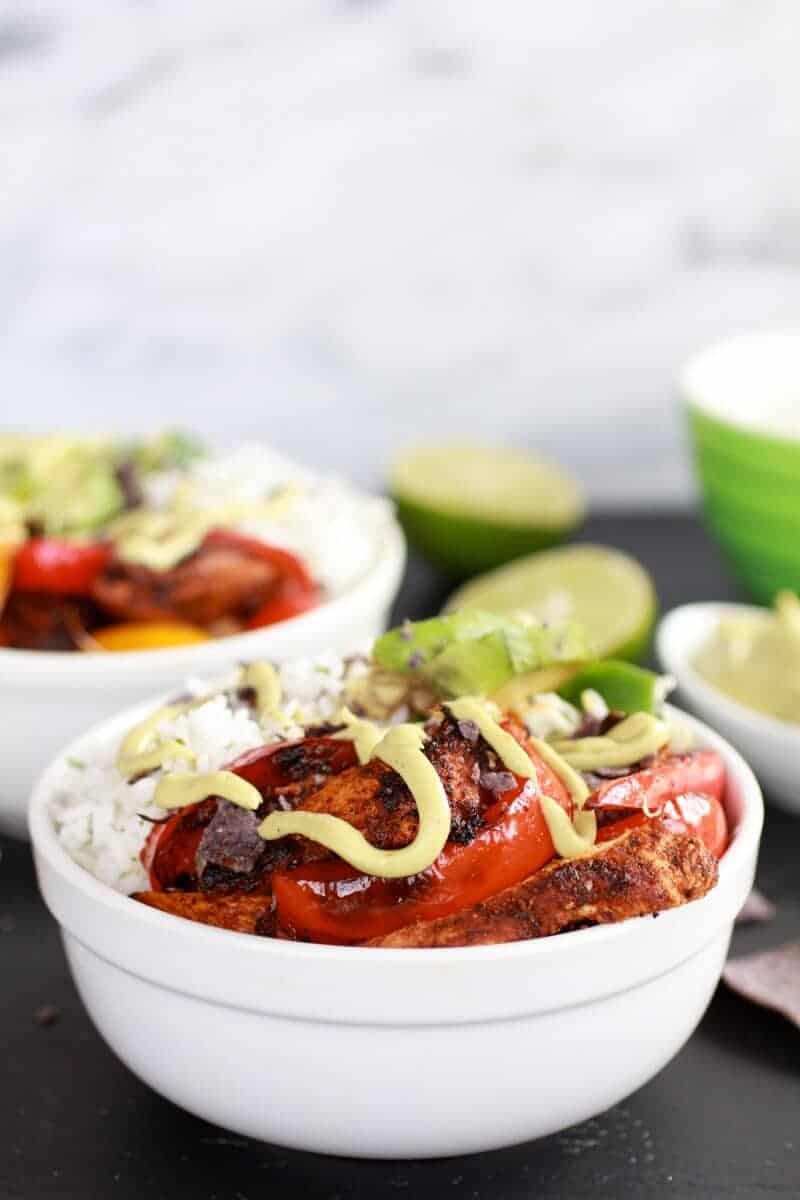 Fiesta Chicken + Cilantro Lime Rice Fajita Bowl with Avocado Chipotle Crema-5
