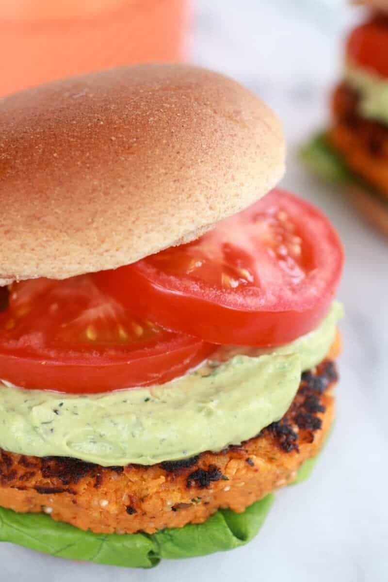Roasted Garlic Chipotle Cheddar Sweet Potato Burgers with Avocado Ranch-10
