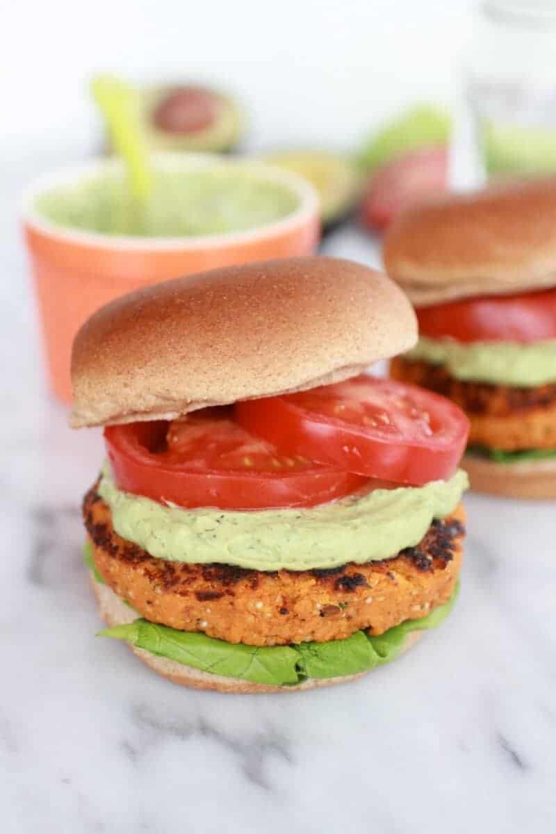 Roasted Garlic Chipotle Cheddar Sweet Potato Burgers with Avocado Ranch-12
