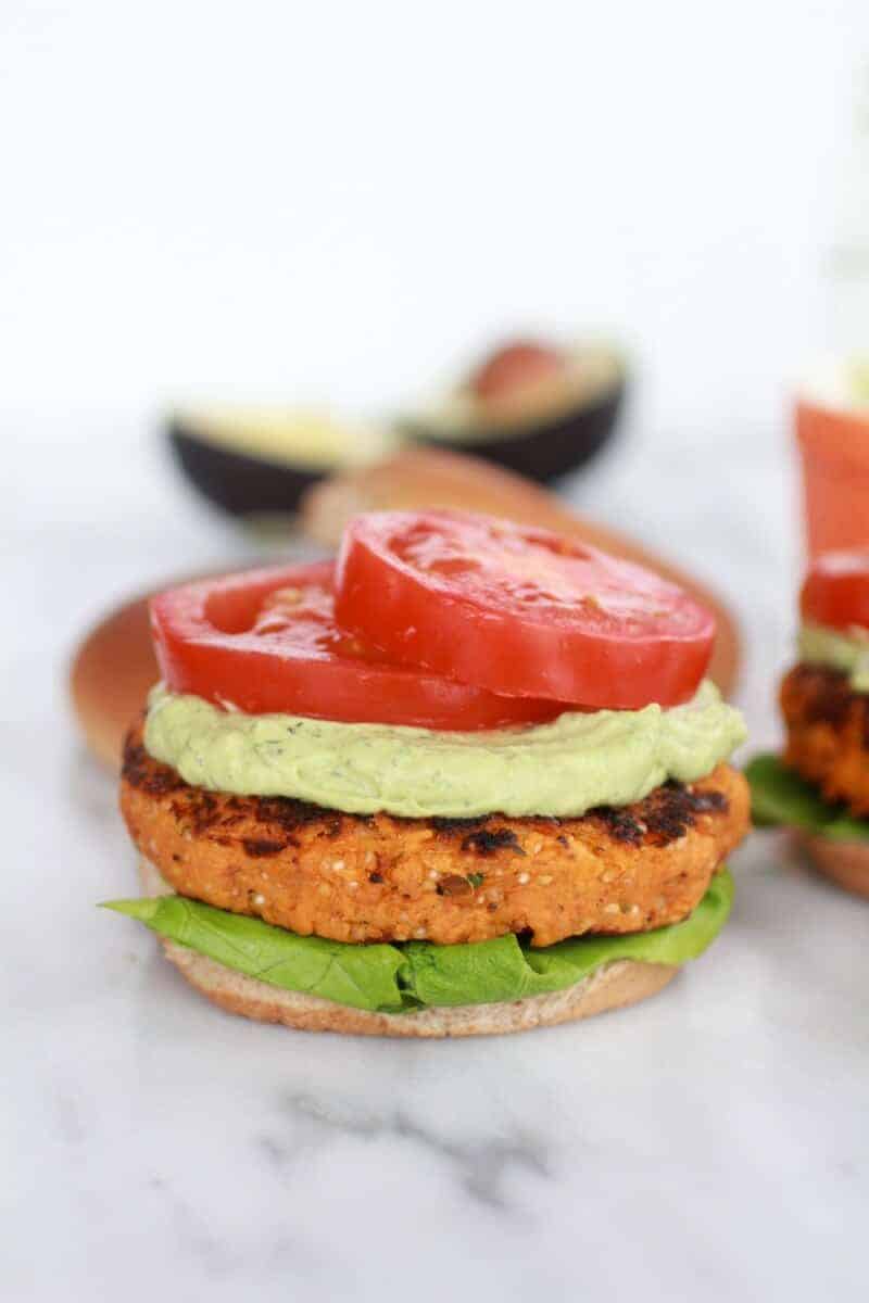 Roasted Garlic Chipotle Cheddar Sweet Potato Burgers with Avocado Ranch-8