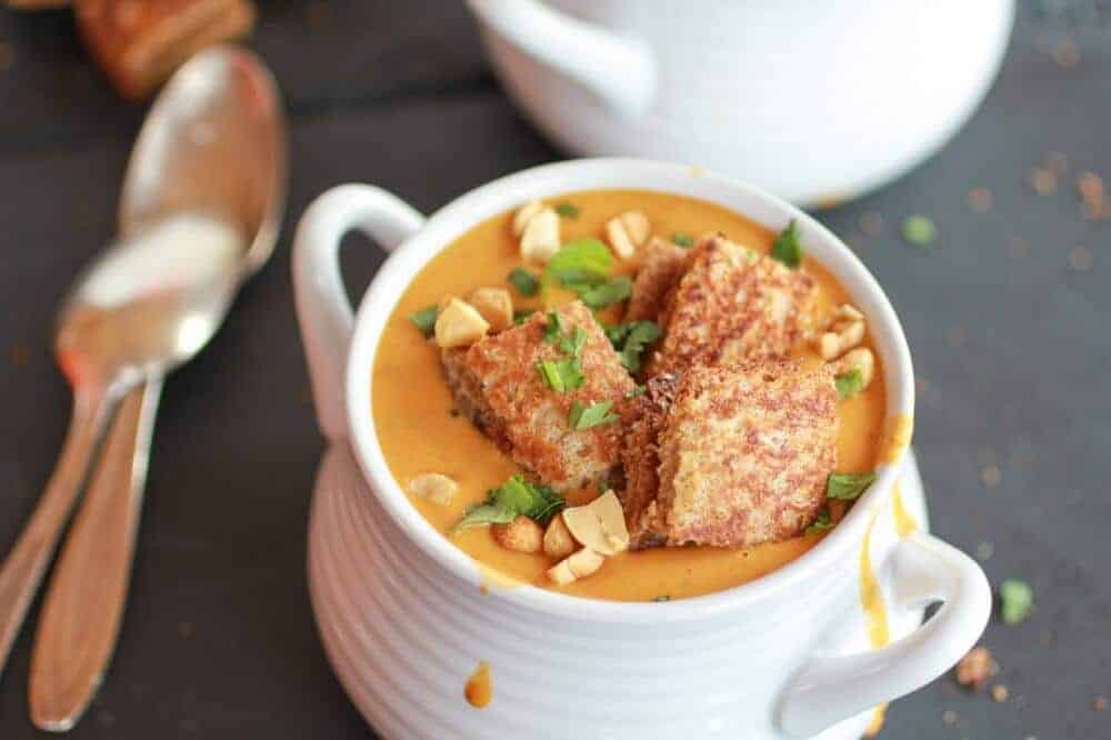 Sweet Potato Peanut Soup with Peanut Butter Croutons-7