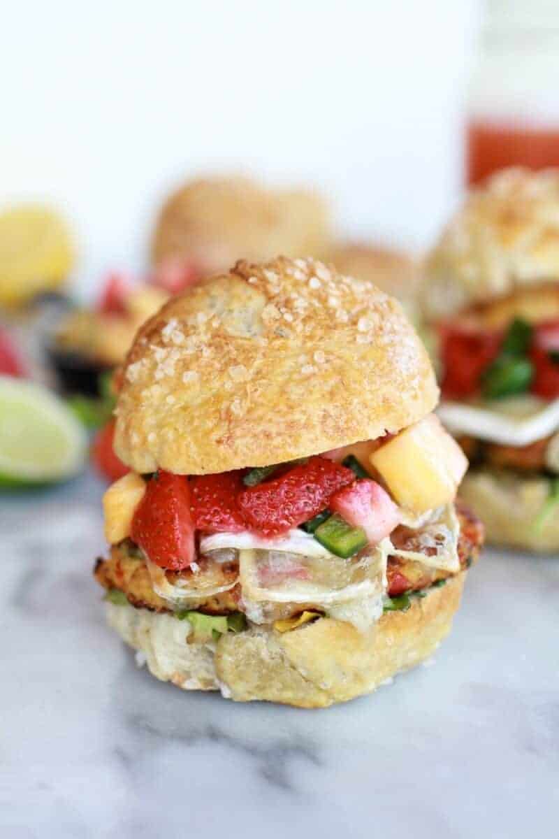 Brie Crab Cake Pretzel Slider Melts with Strawberry Pineapple Salsa | halfbakedharvest.com