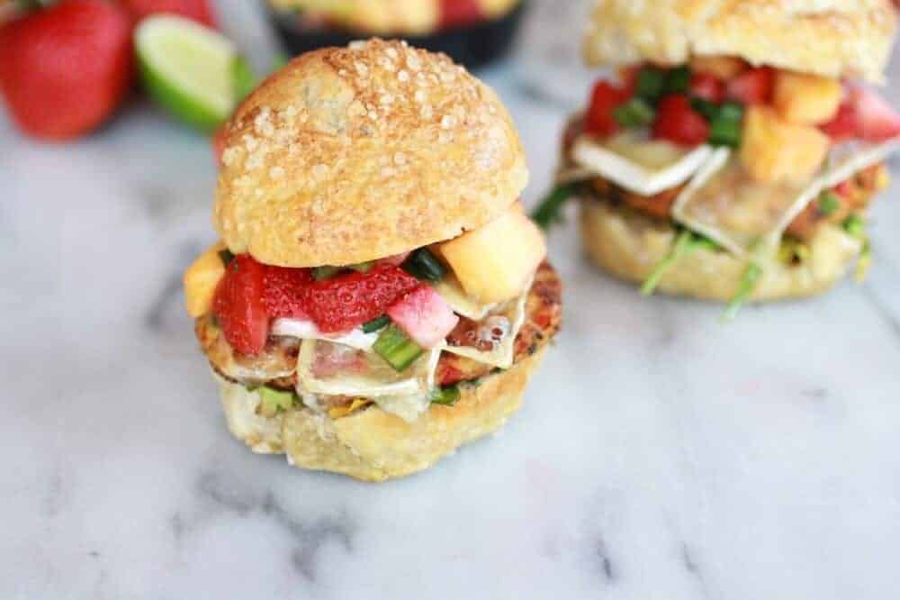 Brie Crab Cake Pretzel Slider Melts with Strawberry Pineapple Salsa | halfbakedharvest.com