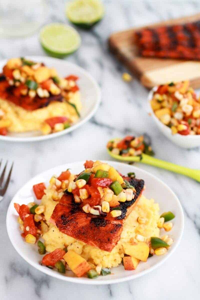 Blackened Salmon with Cheesy Polenta and Spicy Peach + Chard Corn Salsa | halfbakedharvest.com