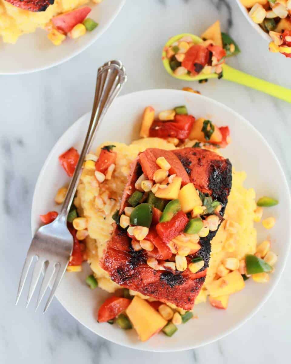 Blackened Salmon with Cheesy Polenta and Spicy Peach + Chard Corn Salsa | halfbakedharvest.com