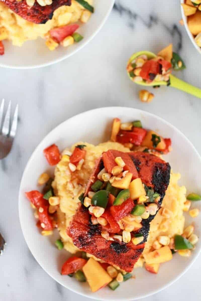 Blackened Salmon with Cheesy Polenta and Spicy Peach + Chard Corn Salsa | halfbakedharvest.com