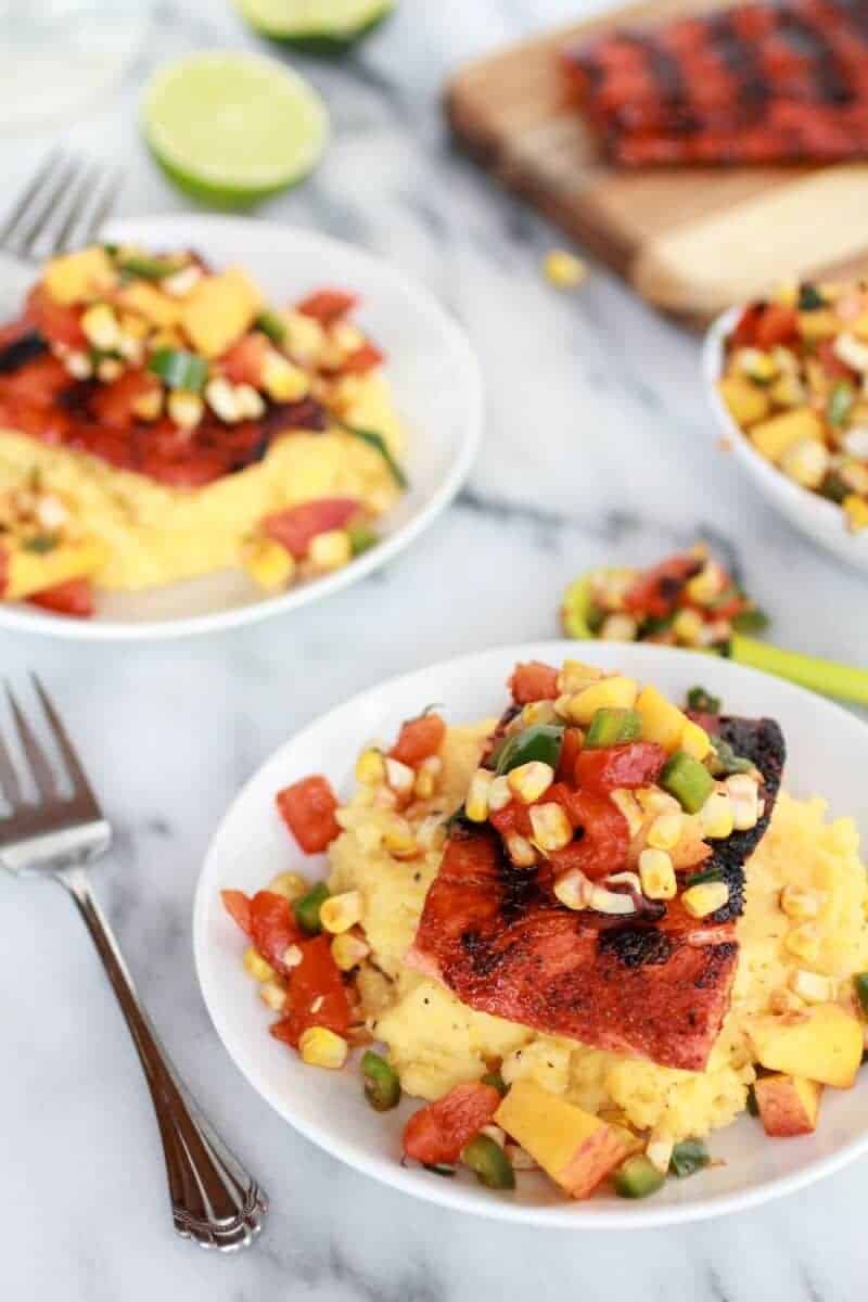 Blackened Salmon with Cheesy Polenta and Spicy Peach + Chard Corn Salsa | halfbakedharvest.com