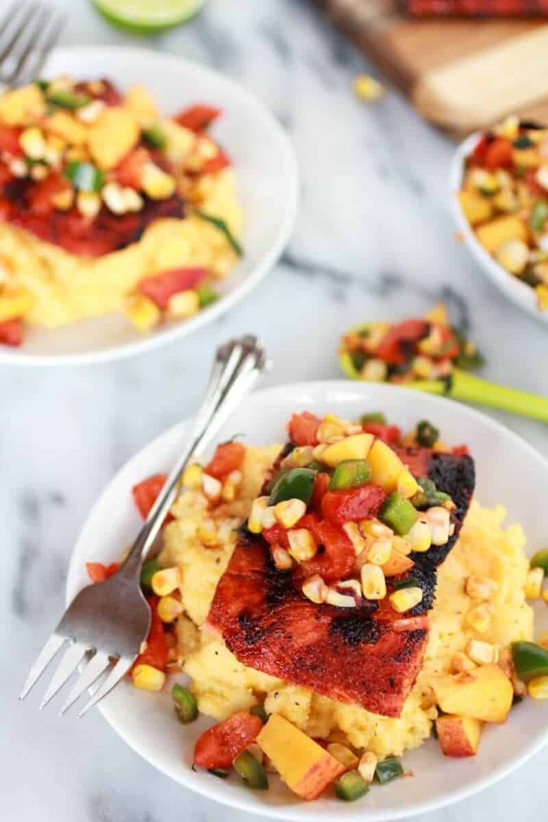 Blackened Salmon with Cheesy Polenta and Spicy Peach + Chard Corn Salsa | halfbakedharvest.com