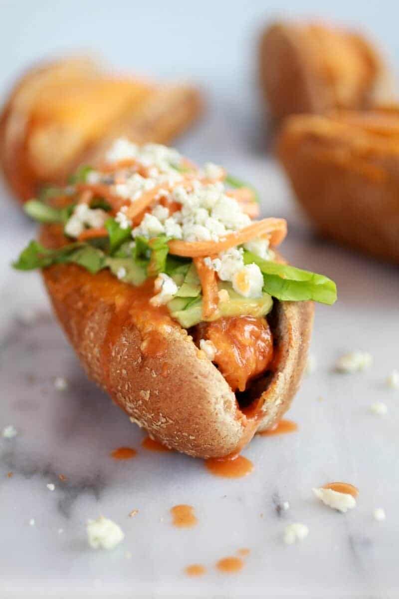 Healthy Loaded Cheddar + Blue Cheese Buffalo Chicken Dogs | halfbakedharvest.com/