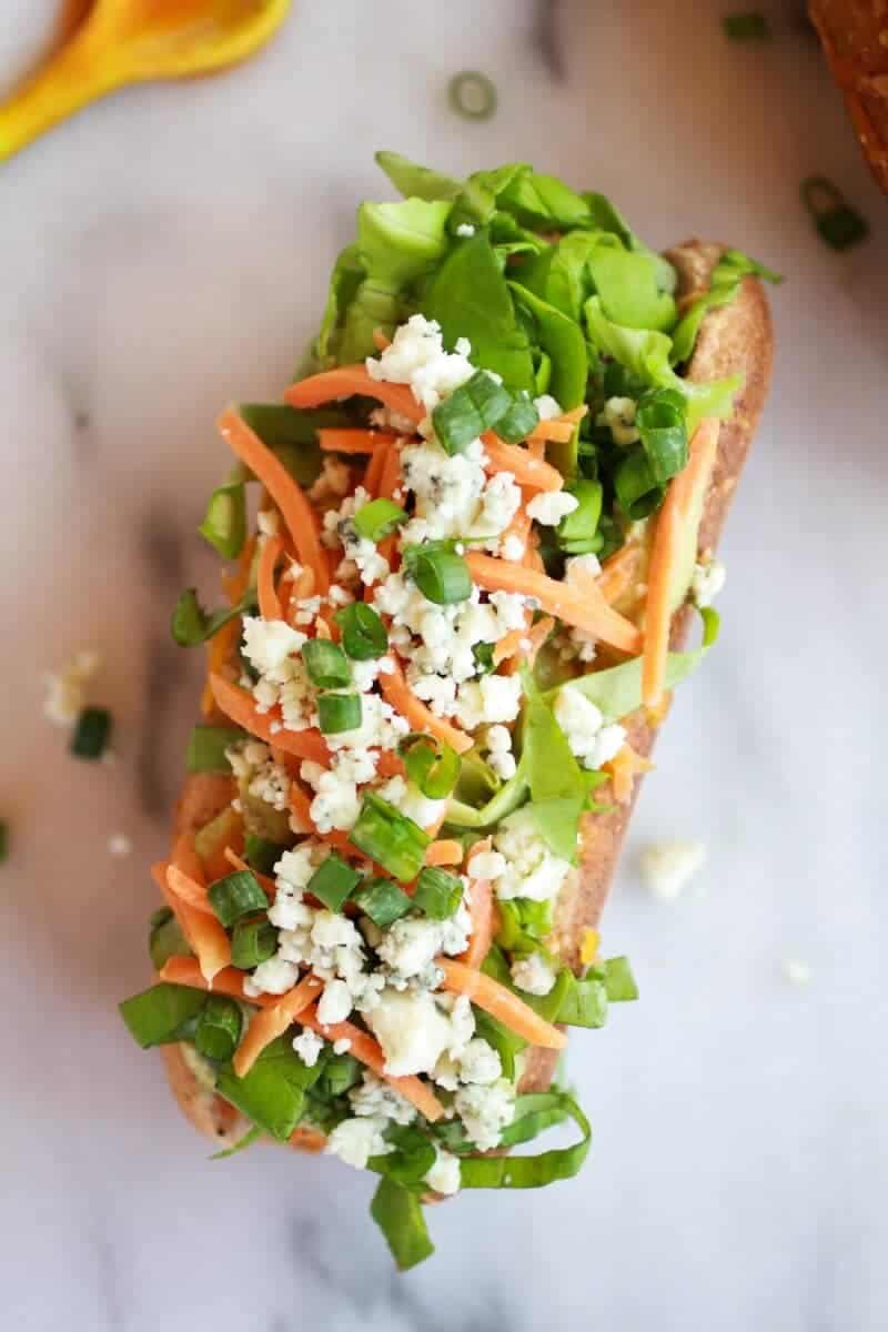 Healthy Loaded Cheddar + Blue Cheese Buffalo Chicken Dogs | halfbakedharvest.com/