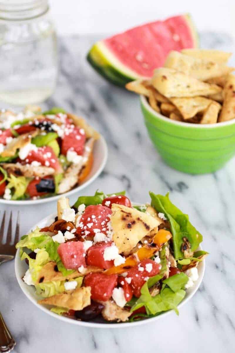 Chicken Gyro Salad with Homemade Pita Chips, Watermelon + Feta | halfbakedharvest.com