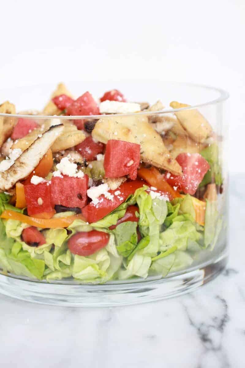 Chicken Gyro Salad with Homemade Pita Chips, Watermelon + Feta | halfbakedharvest.com