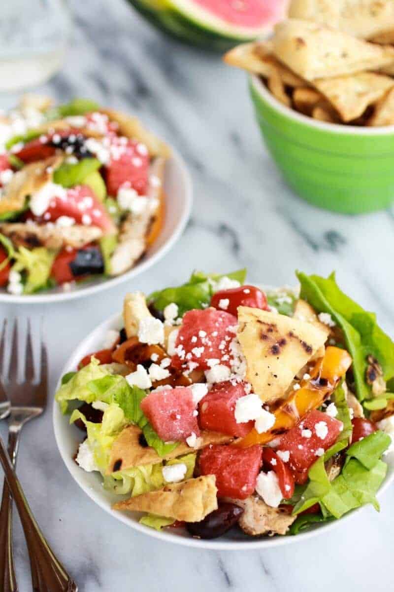 Chicken Gyro Salad with Homemade Pita Chips, Watermelon + Feta | halfbakedharvest.com