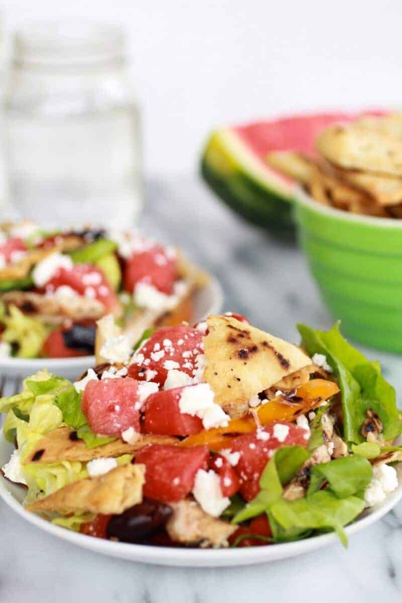 Chicken Gyro Salad with Homemade Pita Chips, Watermelon + Feta | halfbakedharvest.com