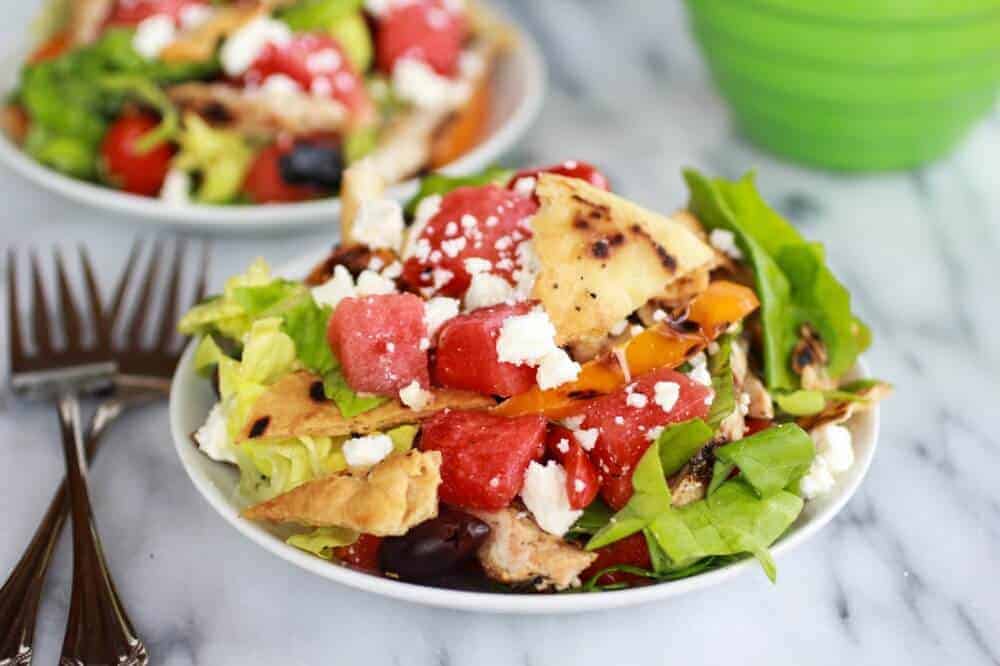 Chicken Gyro Salad with Homemade Pita Chips, Watermelon + Feta | halfbakedharvest.com