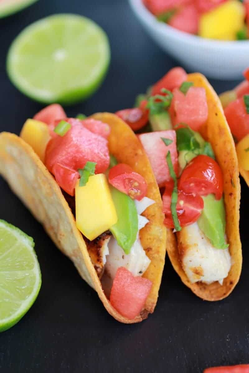 Coconut Lime Mahi Mahi Tacos with Tequila Soaked Watermelon Salsa | halfbakedharvest.com
