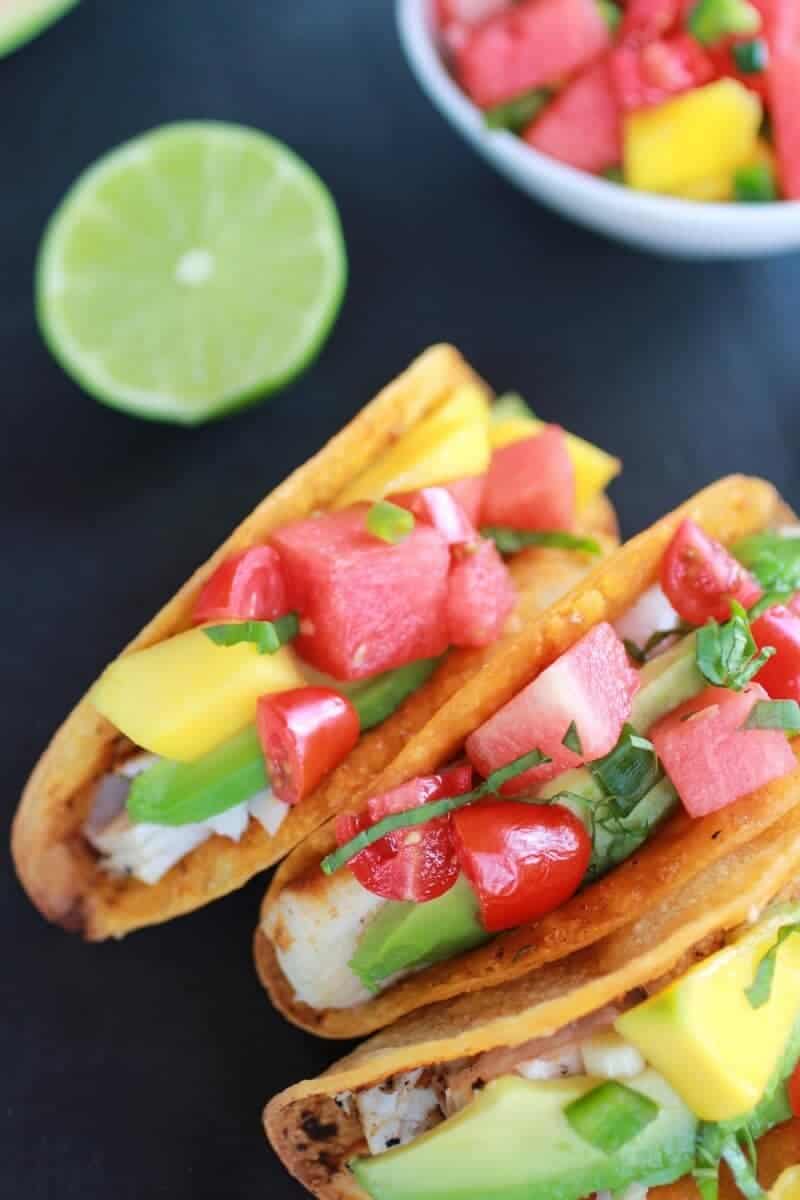 Coconut Lime Mahi Mahi Tacos with Tequila Soaked Watermelon Salsa | halfbakedharvest.com