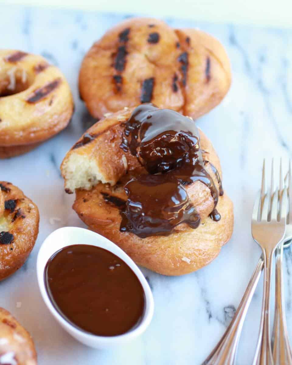 Grilled Espresso Glazed Coconut Doughnuts with Mocha Coconut Ganache | halfbakedharvest.com