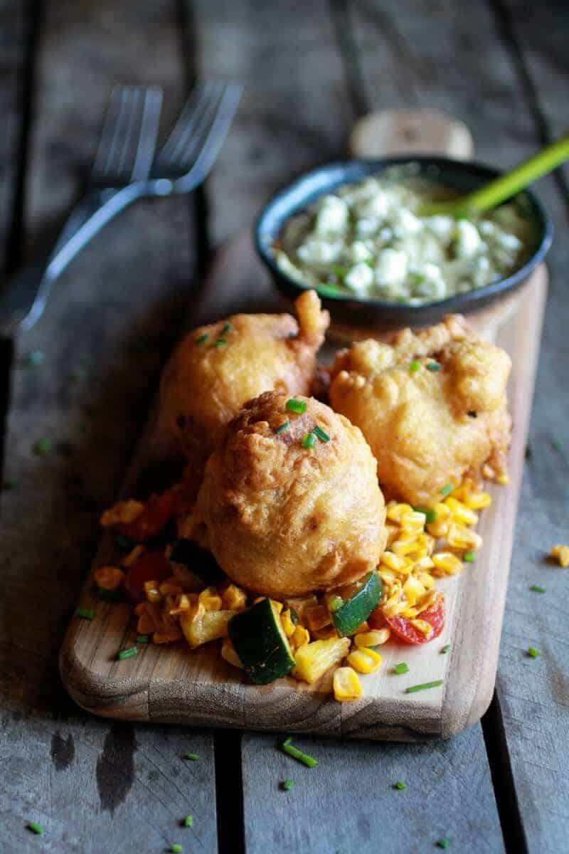 Blue Cheese Lobster Beignets with Spicy Avocado Cream + Garden Veggie Sauté | halfbakedharvest.com