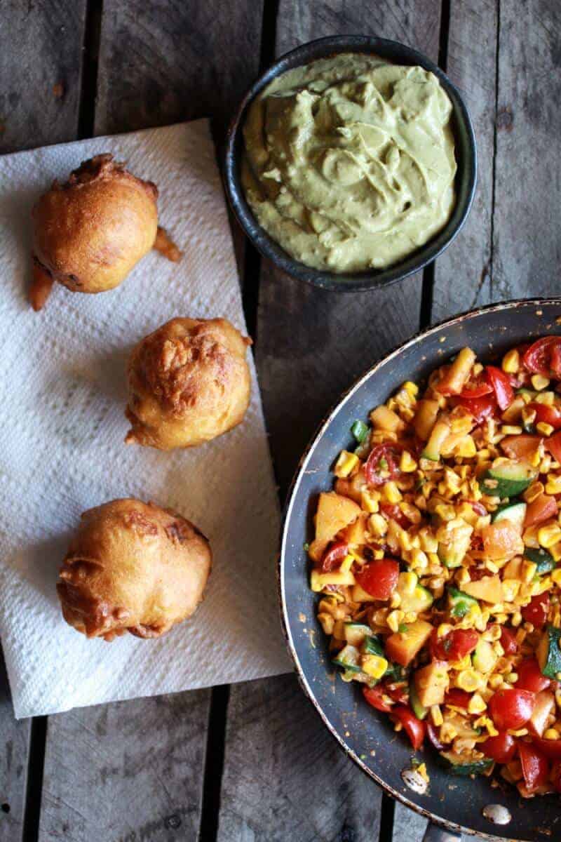 Blue Cheese Lobster Beignets with Spicy Avocado Cream + Garden Veggie Sauté | halfbakedharvest.com
