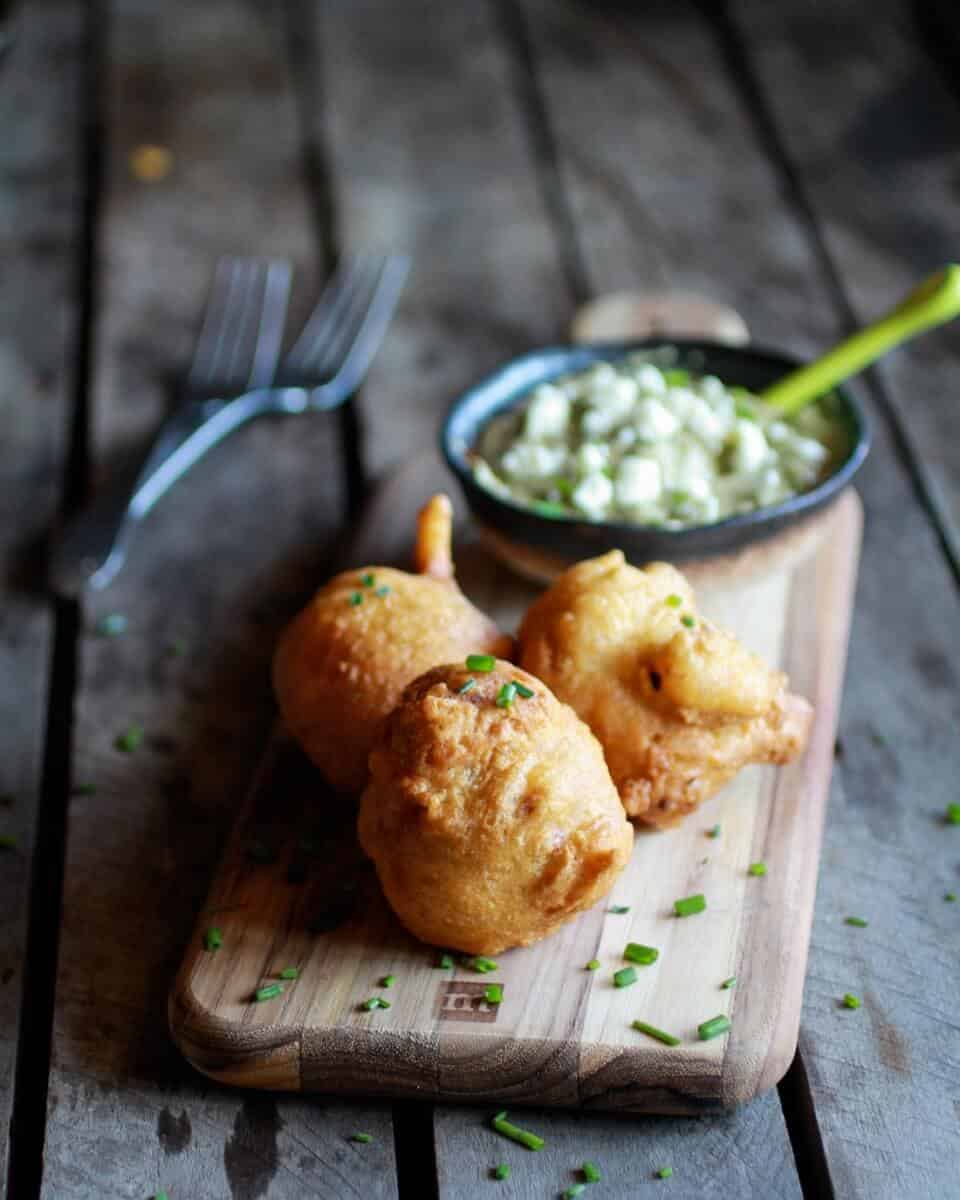 Blue Cheese Lobster Beignets with Spicy Avocado Cream + Garden Veggie Sauté | halfbakedharvest.com