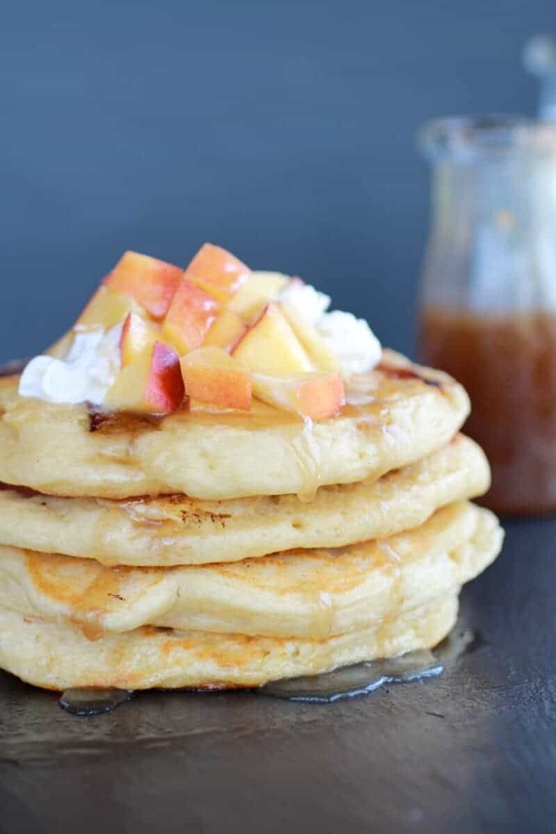 Bourbon Peaches and Coconut Cream Pancakes with Bourbon Cream Syrup | halfbakedharvest.com