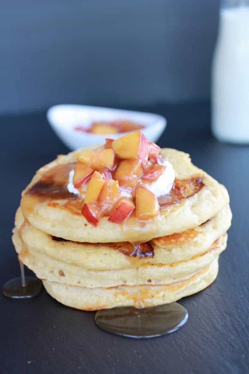 Bourbon Peaches and Coconut Cream Pancakes with Bourbon Cream Syrup | halfbakedharvest.com