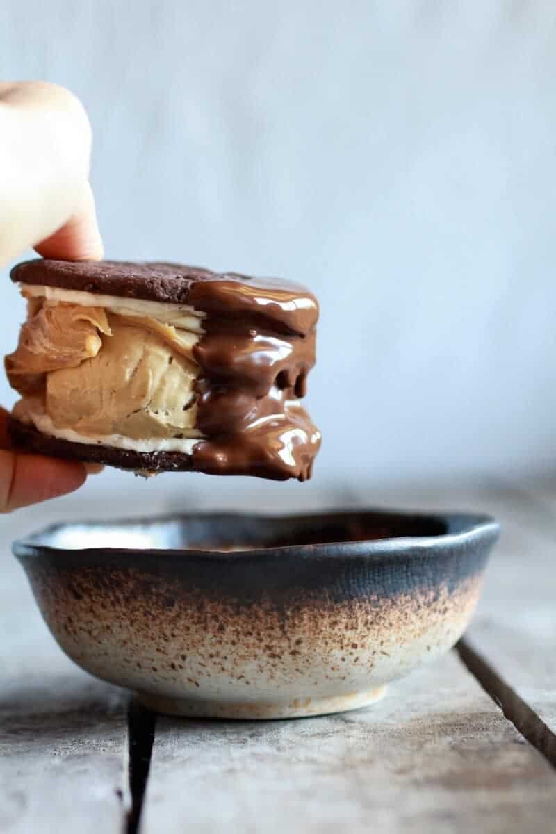 Chocolate Dipped Homemade Peanut Butter Oreo Mocha Ice Cream Sandwiches | halfbakedharvest.com
