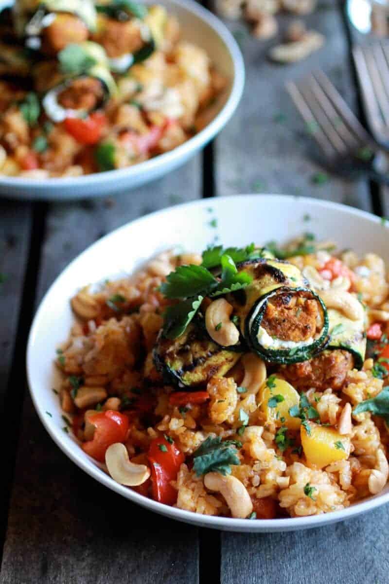 Curried Zucchini, Chicken and Goat Cheese Rolls with Cashew Mango Fried Rice | halfbakedharvest.com