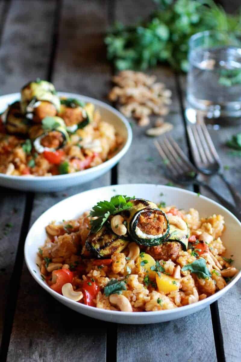Curried Zucchini, Chicken and Goat Cheese Rolls with Cashew Mango Fried Rice | halfbakedharvest.com