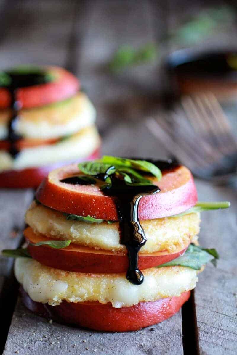 Fried Mozzarella, Basil and Nectarine Stacks with Balsamic Glaze | .halfbakedharvest.com