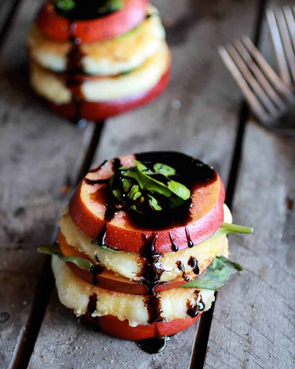 Fried Mozzarella, Basil and Nectarine Stacks with Balsamic Glaze | .halfbakedharvest.com