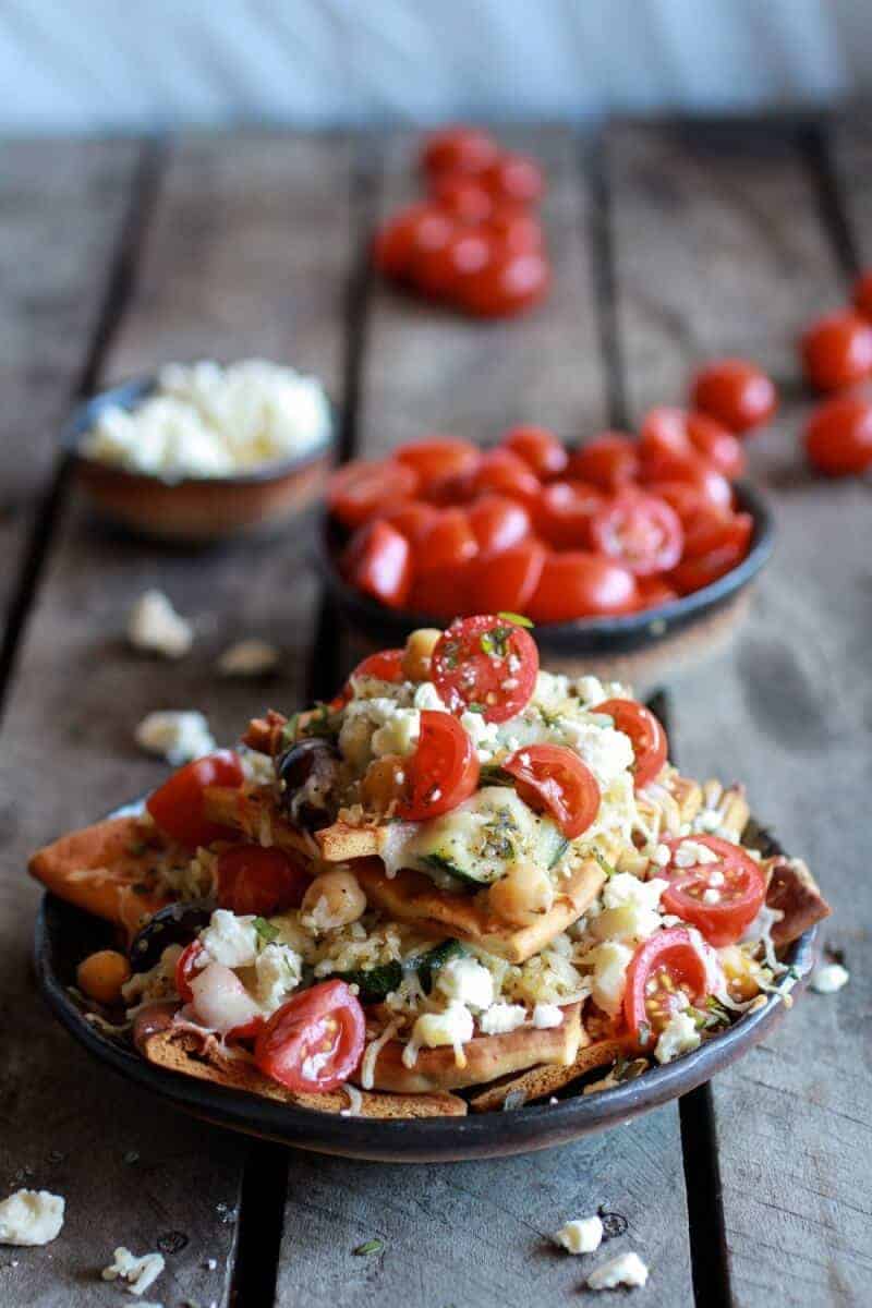 Loaded Greek Goddess Chickpea and Quinoa Pita Chip Nachos | halfbakedharvest.com