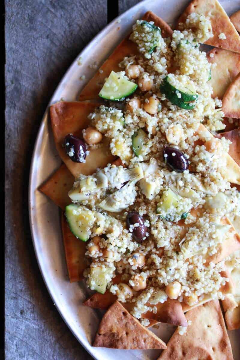 Loaded Greek Goddess Chickpea and Quinoa Pita Chip Nachos | halfbakedharvest.com