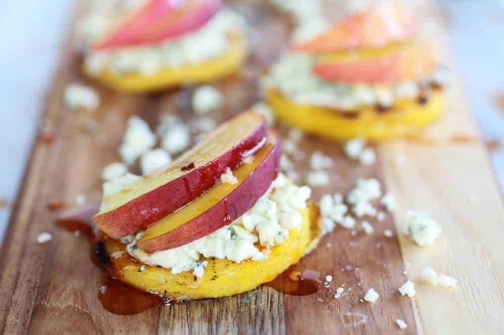 Peach and Gorgonzola Grilled Polenta Rounds with Chipotle Honey | .halfbakedharvest.com