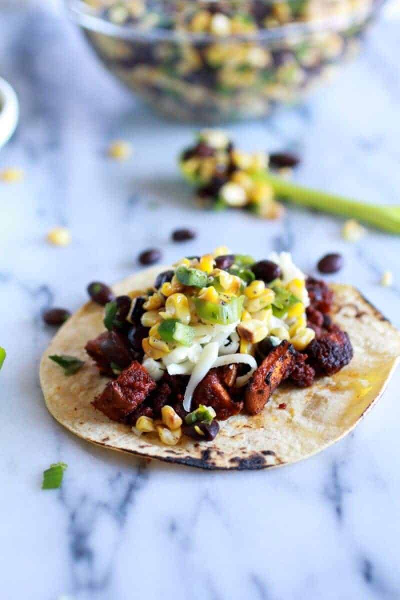 Sweet potato + Chorizo Tacos with Black Bean Salsa and Roasted Poblano Avocado Crema | halfbakedharvest.com