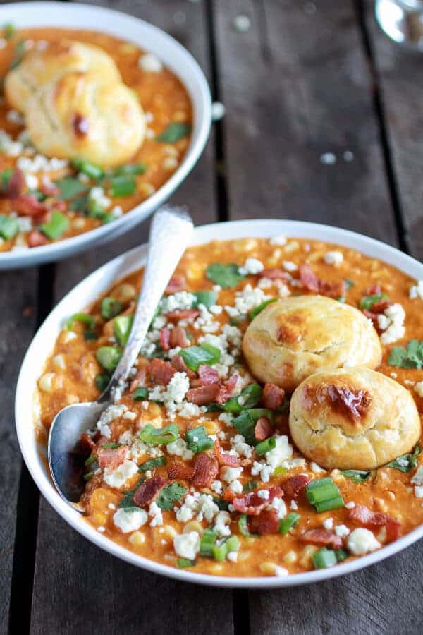 Buffalo Chicken Corn Chowder with Blue Cheese Gougères | halfbakedharvest.com