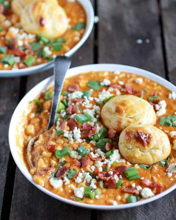 Buffalo Chicken Corn Chowder with Blue Cheese Gougères | halfbakedharvest.com
