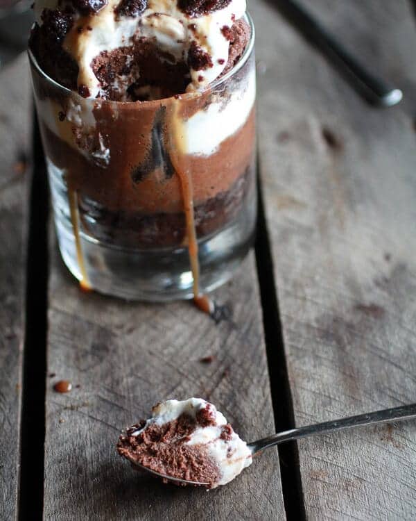 Chocolate Lovers Triple Layer Coffee Caramel Chocolate Mousse Cakes | halfbakedharvest.com