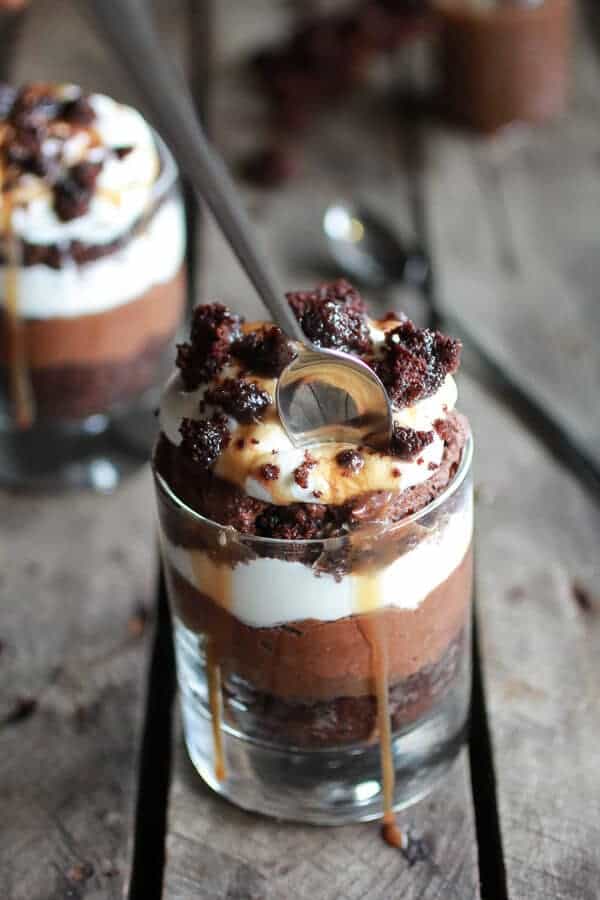 Chocolate Lovers Triple Layer Coffee Caramel Chocolate Mousse Cakes | halfbakedharvest.com