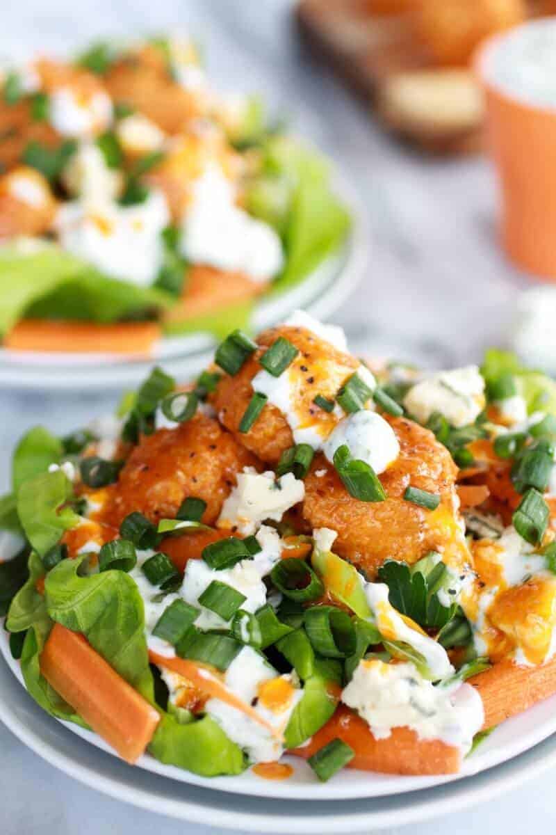 Crispy Buffalo Quinoa Bites Salad with Cheesy Ranch