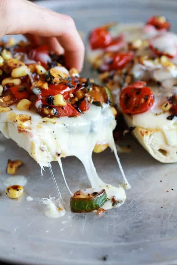 Simple Crispy Basil Caramelized Garden Vegetable + Fontina French Bread Pizza | halfbakedharvest.com