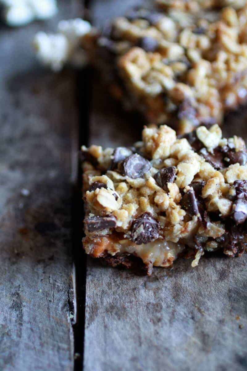 Fudge Brownie, Caramel, Popcorn + Oatmeal Cookie Crumble 7 Layer Bars | halfbakedharvest.com