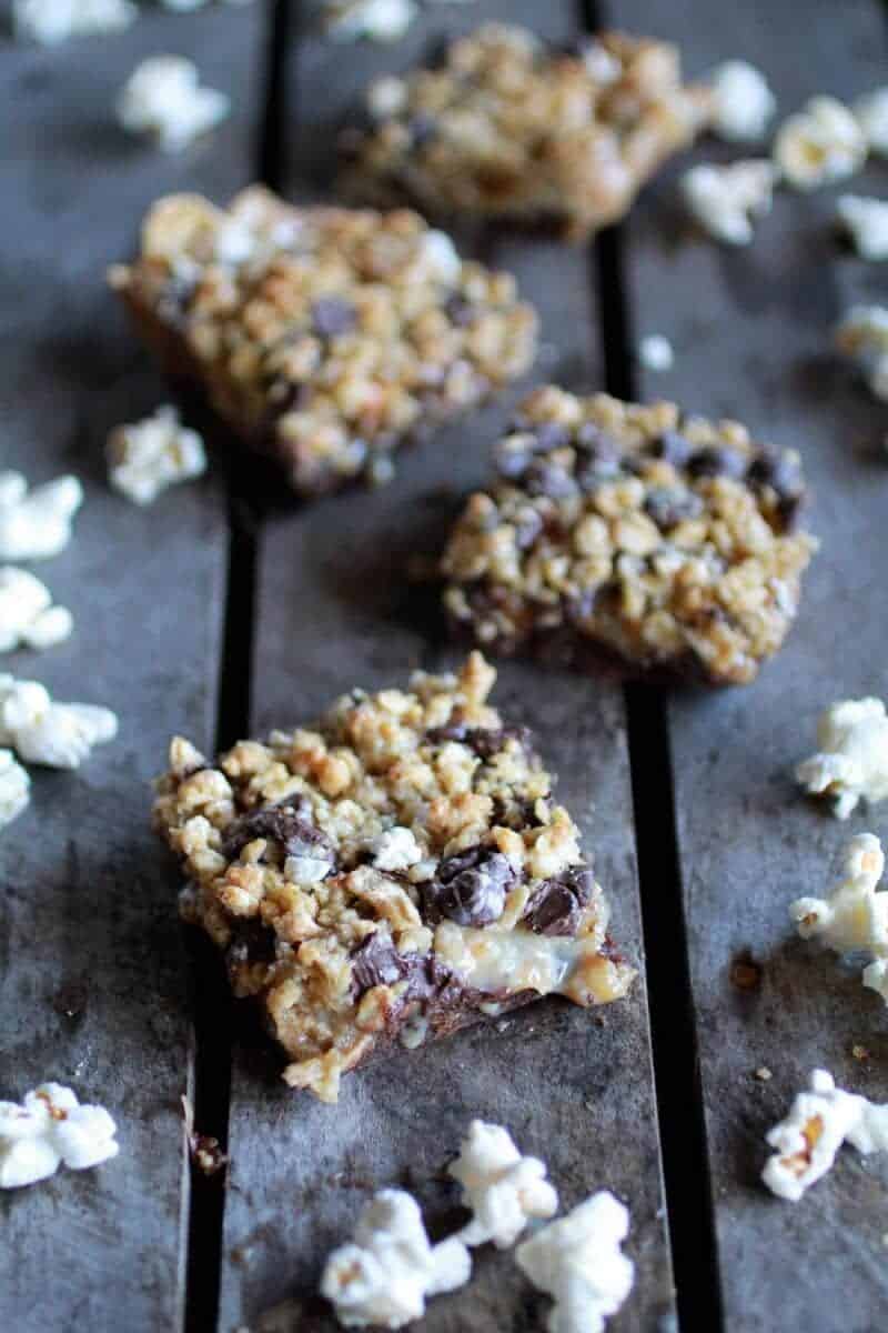 Fudge Brownie, Caramel, Popcorn + Oatmeal Cookie Crumble 7 Layer Bars | halfbakedharvest.com