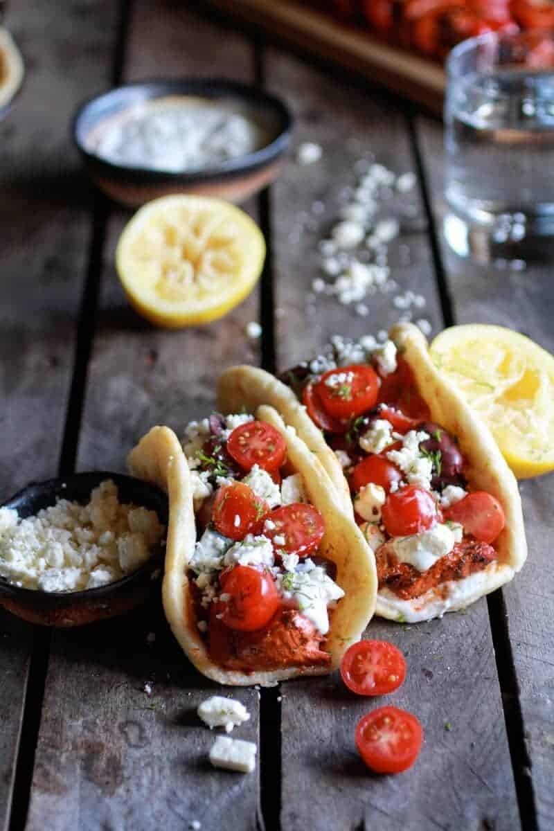 Greek Salmon Souvlaki Gyros with Tzatziki | halfbakedharvest.com
