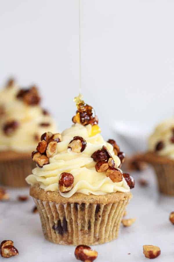 Honey Toasted Hazelnut Chocolate Chunk Cupcakes with Boozy Honey Buttercream Frosting | halfbakedharvest.com