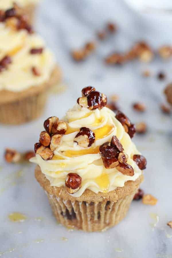 Honey Toasted Hazelnut Chocolate Chunk Cupcakes with Boozy Honey Buttercream Frosting | halfbakedharvest.com