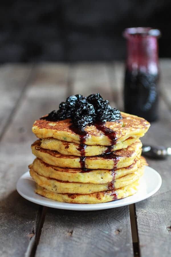 Jalapeño Cheddar Cornbread Pancakes with Roasted Blueberry Honey Syrup | halfbakedharvest.com
