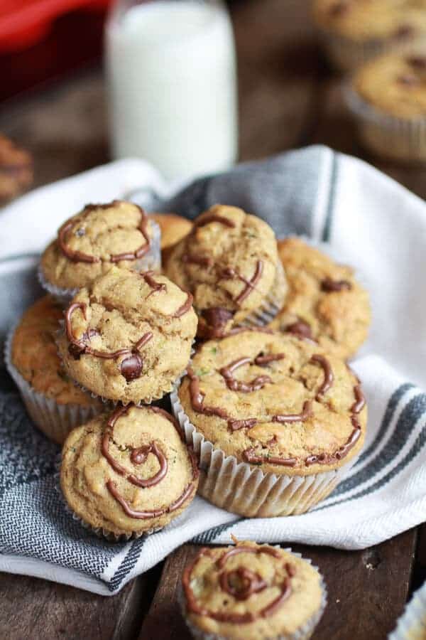 Nutella Stuffed Whole Wheat Peanut Butter Banana and Zucchini Muffins | halfbakedharvest.com